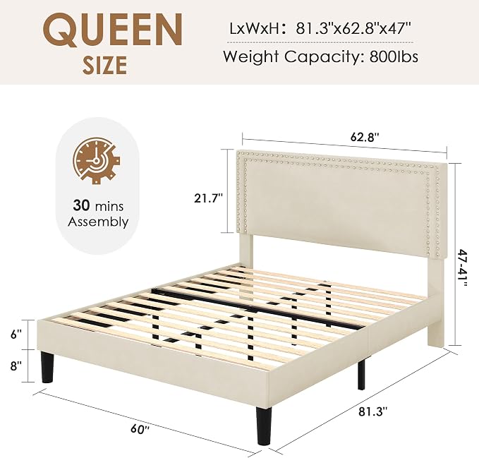 VECELO Queen Size Platform Bed Frame with Height Adjustable Upholstered Headboard, Modern Mattress Foundation,Strong Wood Slat Support, No Box Spring Needed, Easy Assembly,Beige