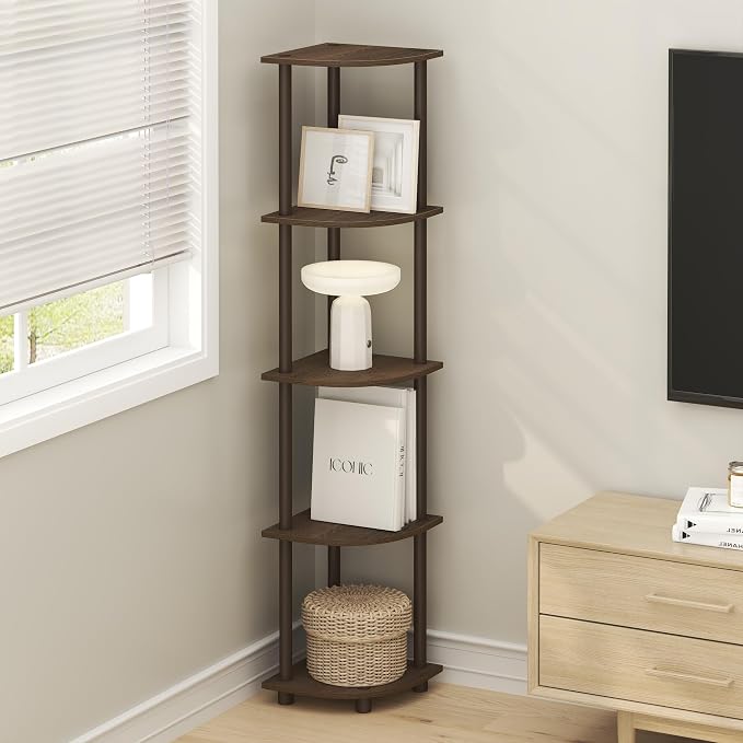 Furinno TURN-N-TUBE Corner Shelf Set of 2, 5-Tier Corner Bookshelf, Open Storage Shelves, for Organization and Storage, Living Room, Home Office, Garage, Walnut