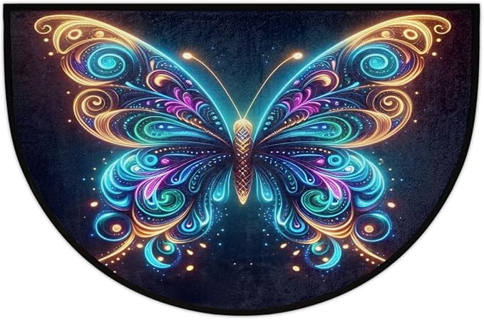 Pardick Half Round Doormat Glowing Animals Butterfly Semi Circle Rug Non Slip Indoor Outdoor Entrance Half Moon Rug Washable Front Floor Mat for Kitchen Bathroom Patio Fireplace Holiday Decor