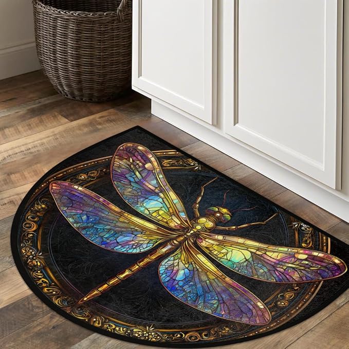 Dragonfly Half Round Door Mat Outdoor Doormat Bedroom Entrance Rug A17 | Bohemian Dragonfly Semi Moon Door Mat Non-Slip Absorbent Kitchen Rug Indoor Welcome Bath Mat 36" X 24"