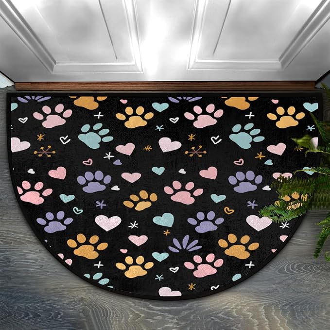 Pardick Half Round Doormat Semi Circle Rug Cute Color Paw Prints Non Slip Indoor Outdoor Entrance Half Moon Rug Absorbent Durable Washable Front Floor Mat for Kitchen Bathroom Patio Fireplace