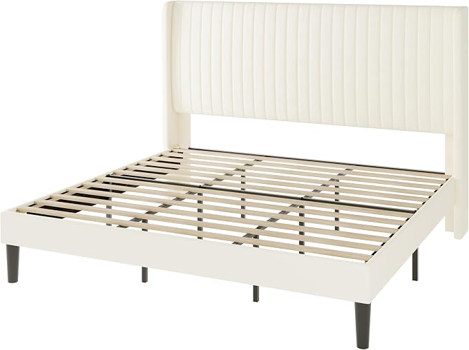 Allewie King Size Velvet Bed Frame/Vertical Channel Tufted Wingback Headboard/Upholstered Platform Bed/No Box Spring Needed/Strong Wooden Slats/Easy Assembly/Cream White