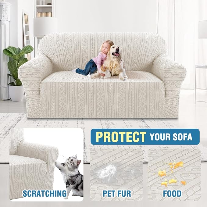 H.VERSAILTEX Sofa Covers 1 Piece Stretch Couch Cover for Dogs Washable Anti-Slip Couch Slipcover Soft Love Seat Couch Covers Upgrade Thick Jacquard Fabric with Spiral Pattern(58"-70", Pale Oak)