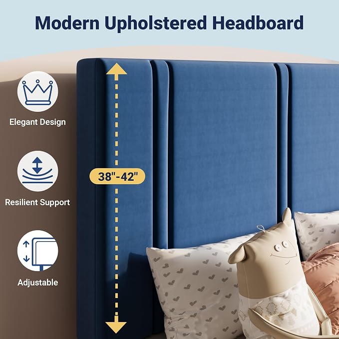 Allewie Twin Size Platform Bed Frame with Adjustable Headboard | Plush Velvet Upholstered, Vertical Channel Tufted, Sturdy Wood Slats, No Box Spring Needed, Easy Assembly, Blue