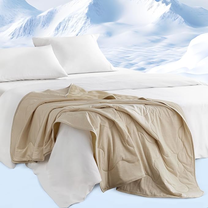 Sharper Image Cooling Touch Down Alternative Throw Blanket, 50 x 60, Tan | Jersey Knit, All Season, Ultra Soft, Microfiber, Cozy Warmth for Sofa or Bed, Quilted, Lightweight, OEKO-TEX Certified