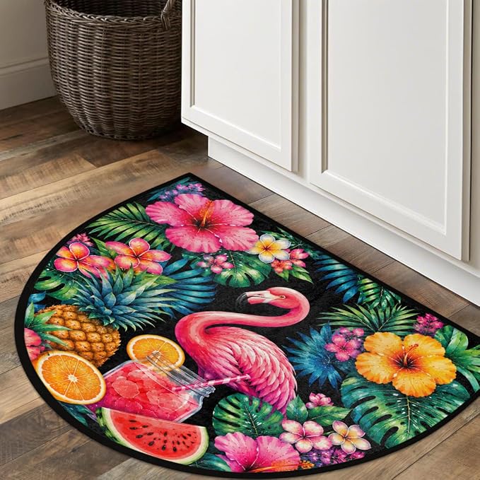 Flamingo Half Round Rug Half Moon Door Mat Half Circle Rugs | Tropical Flowers Washable Non-Slip Semi Circle Rug Welcome Half Round Door Mat Indoor Entrance Bedroom Living Room Decor B797