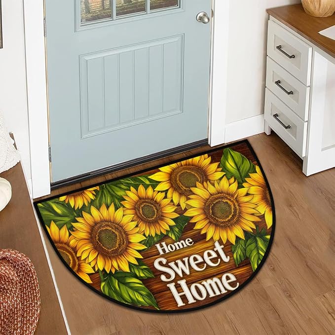 Flowers Sunflowers Half Round Rug Half Moon Door Mat Half Circle Rugs | Autumn Fall Washable Non-Slip Semi Circle Rug Welcome Half Round Door Mat Indoor Entrance Kitchen Bedroom Living Room Decor