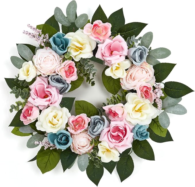 Garvee 20 Inch Spring Wreaths for Front Door, Artificial Pink Rose Wreath | with Colorful Florals and Eucalyptus Foliage, for Home Wall Window Wedding Party Indoor Outdoor Decor