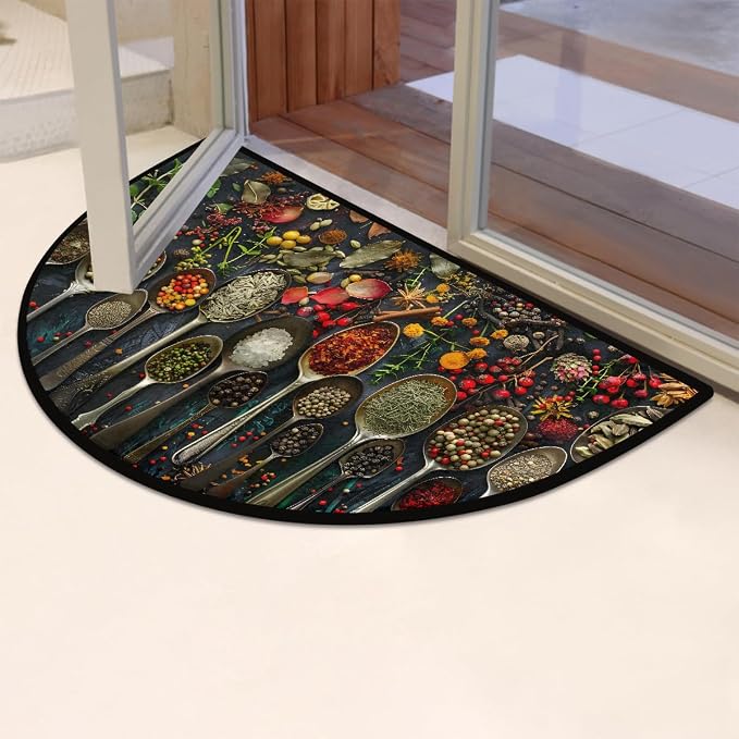 Spices Half Round Doormat Non-Slip Semi Circle Rug Half Moon Mat | Chili Kitchen Spoon Washable Soft Absorbent Indoor Outdoor Entrance Kitchen Bathroom Sink Patio Welcome Fireplace Floor Rug