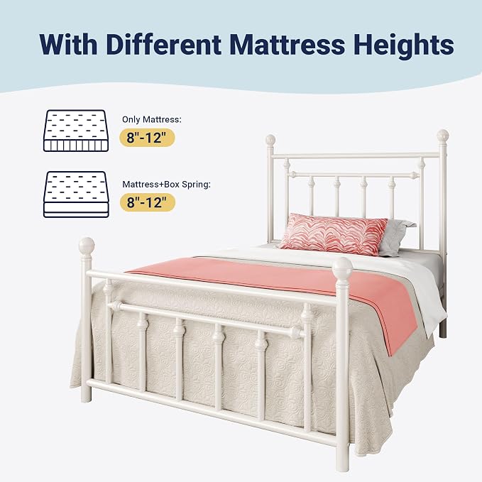 Allewie 14'' Twin Size Metal Platform Bed Frame, Vintage Headboard, White | 45'' Tall Victorian Headboard/Footboard/Mattress Foundation/Under Bed Storage/No Box Spring Needed/Easy Assembly/Noise Free