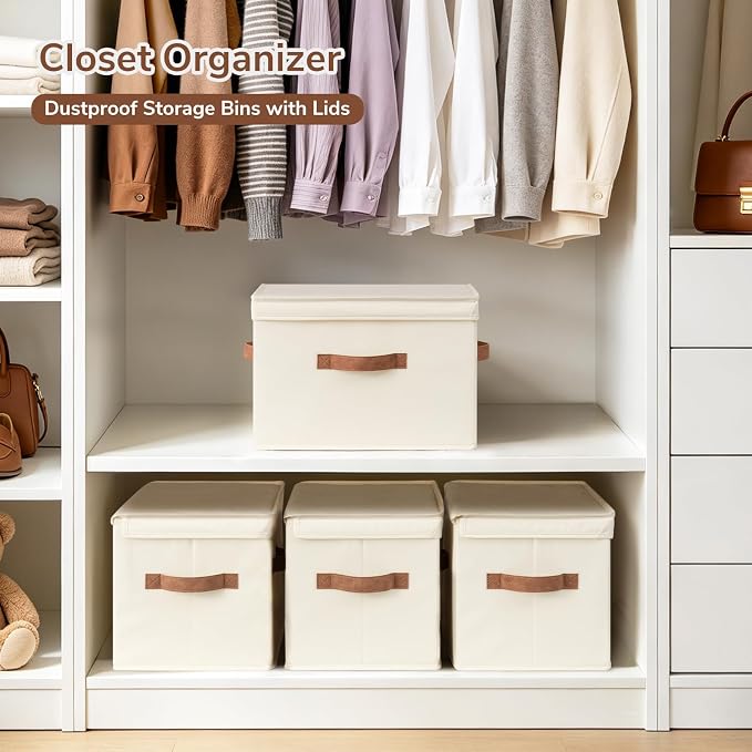 CHICVITA 4-Pack Medium Fabric Storage Baskets with Lids for Shelves,Ivory | 15" x 9.8" x 10.2" Closet Storage Bins with Durable Support Plate, Toy Storage with Handles for Playroom