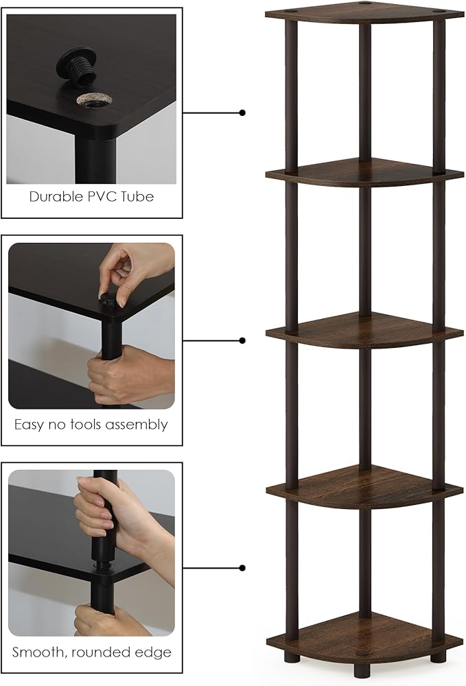Furinno TURN-N-TUBE Corner Shelf Set of 2, 5-Tier Corner Bookshelf, Open Storage Shelves, for Organization and Storage, Living Room, Home Office, Garage, Walnut