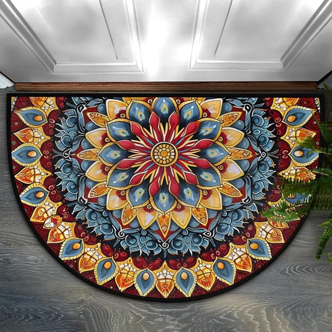 Mandala Red Half Round Door Mat Semi Moon Rug Fireplace Carpet Area Rugs | Mandala Red Non Slip Absorbent Half Circle Mat Carpet for Indoor Outdoor Patio Kitchen Bathroom Entryway Home Decor