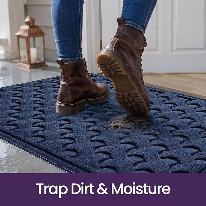 DEXI Front Door Mat Outside Entrance, 3x5 Heavy Duty Entry Doormat Dirt Trapper with Rubber Back, Non Slip Low Profile Floor Mats for Entryway Exterior Patio, Navy Blue