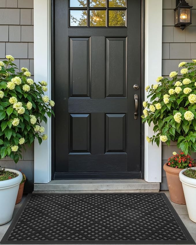 DEXI Front Door Mat Outside Entrance, 32x48 Heavy Duty Entry Doormat Dirt Trapper with Rubber Back, Non Slip Low Profile Floor Mats for Entryway Exterior Patio, Rhombic Black