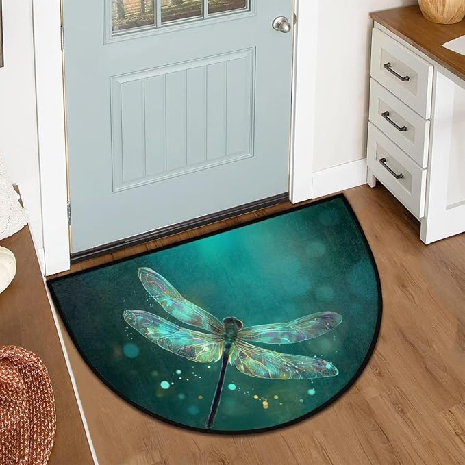 Dragonfly Half Round Door Mat Welcome Entrance Mat Bath Bathroom Rug | Dragonfly Welcome Entrance Mat Anti-Slip Half Moon Bath Mat Semi Circle Rug Indoor Outdoor Kitchen Rug