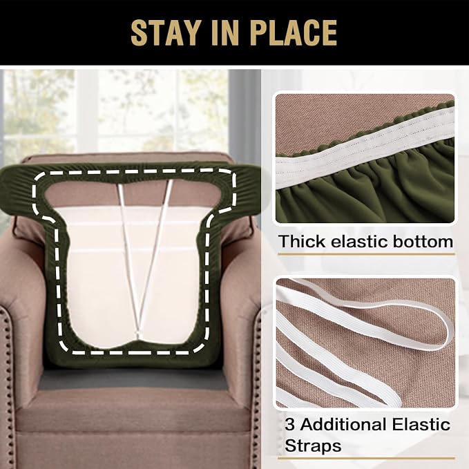 H.VERSAILTEX Stretch Velvet T Cushion Chair Covers for Living Room Armchair Sofa Cover Couch Cover Slipcover T Cushion Seat Cover (Armchair, Olive)