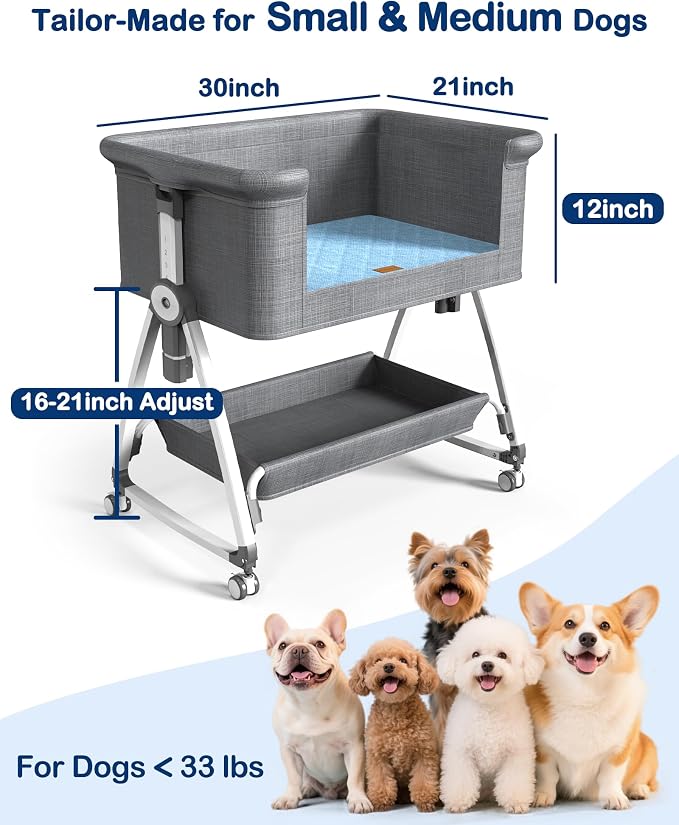 Bedside Dog Bed,6-Height Adjustable Pet Bassinet for Medium & Large Dogs | 6-Height Adjustable Side-Sleeper, Elevated Bed Extension for Humans, Washable Small Dog & Cat Couch with Sides, 30"x21"