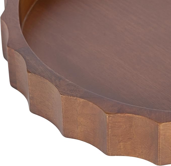 Kate and Laurel Lissi Decorative Round Tray with Wavy Design; 15 Inch Diameter; Walnut Brown; Mid-Century Modern Scalloped Circle Serving Tray for Coffee Table; Ottoman; or Entryway Decor