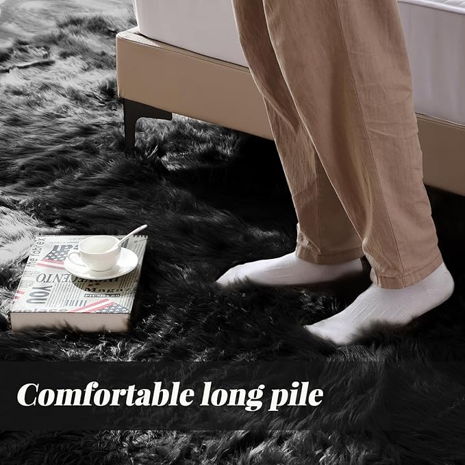 ORINOVA Black Shag Faux Fur 4x6 Area Rugs for Bedroom Washable Fuzzy Sheepskin Fur Rug for Living Room Nursery Rug