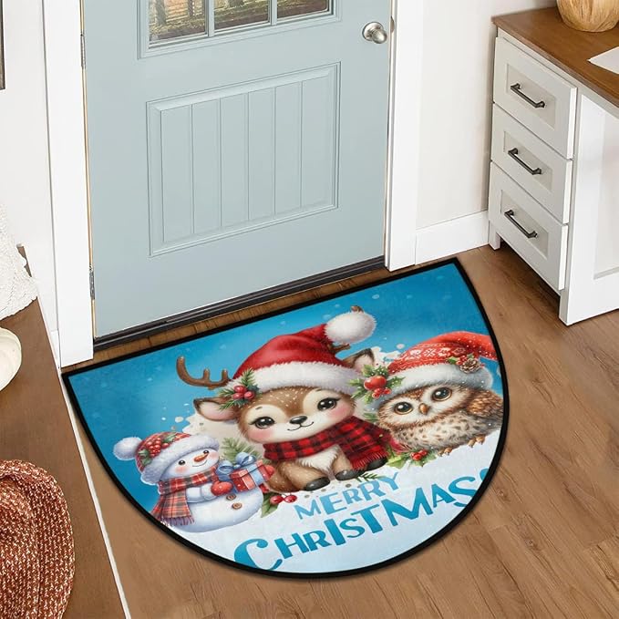 Christmas Xmas Half Round Door Mat Christmas Xmas Animal Snowman Half Moon Rug Washable Half Circle Area Rugs Indoor Entrance Non Slip Semi Circle Rugs Floor Carpet for Kithen Bedroom Decorate Gift