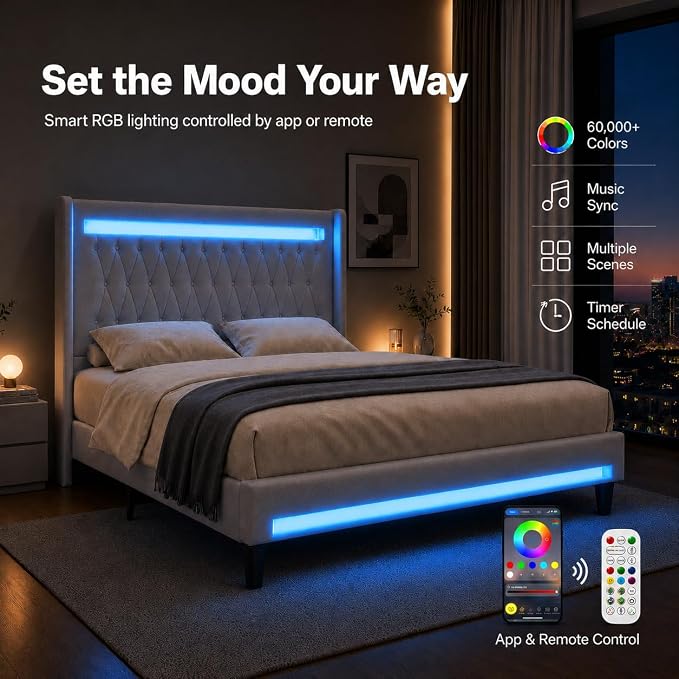 Allewie Full Size Upholstered Bed Frame with LED & Charging Station, Gray | Customizable LED lights, charging station, tufted wingback headboard, noise-reducing support, and no box spring needed.
