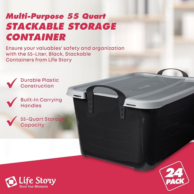 Life Story 24 Pack Stackable Storage Bin, 55 Qt Home Organizers, Black/Gray | Heavy-Duty Versatile Lightweight Locking Bins with Carrying Handles