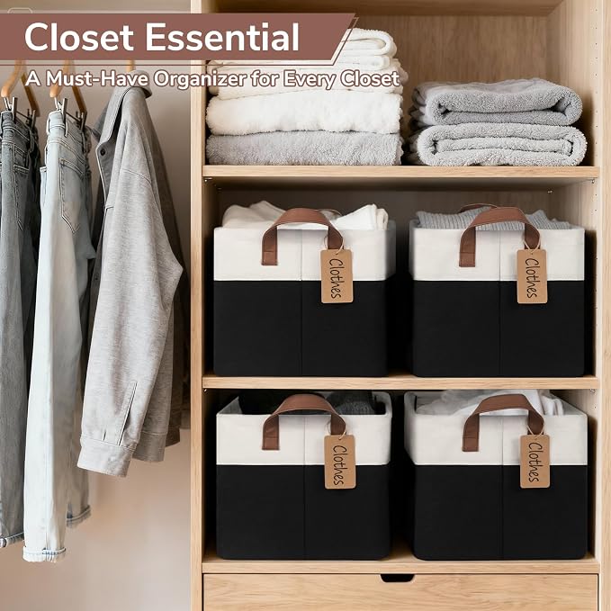 CHICVITA 4 Pack Large Fabric Storage Baskets with Handles, Black & White | 16.8 × 11 × 9.8 in, Collapsible Design, Metal Frame, Closet & Shelf Organization, Toys, Blankets, Clothes & Linens Storage