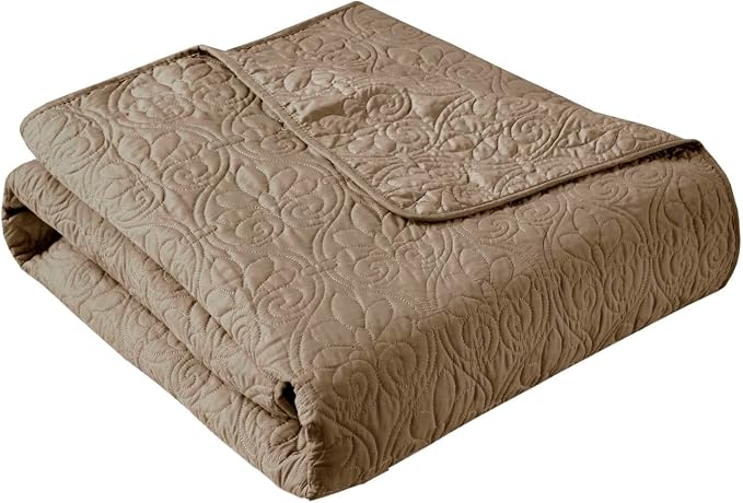 Madison Park Damask Quilting Design Throw Blanket, 60"x70" | Summer, Reversible, Oversized Throw for Living Room Couch, Sofa, Bed, Soft Pre-washed Microfiber, Cotton Filled Spread, Khaki
