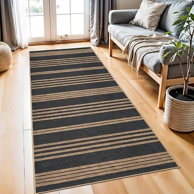 COZYLOOM 2x6 Striped Jute Rug Washable Runner Rug for Hallway Non Slip Non Shedding Geometric Carpet Stain Resistant Contemporary Foldable Indoor Outdoor Mats for Kitchen Bathroom, Black/Coffee