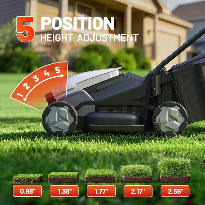 Litheli 14 Inch Cordless Lawn Mower, Brushless Battery Powered Push Mower with 5.0Ah Battery, 5-Position Height, 9-Gallon Bag, Lightweight Grass Cutter for Small to Mid-Sized Yards