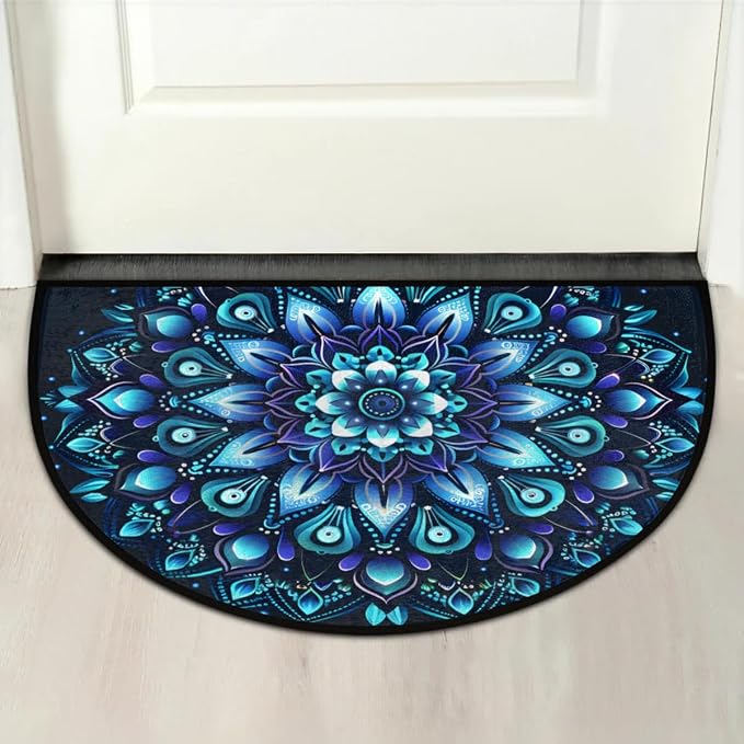 Mandala Blue Half Round Door Mat Semi Moon Rug Fireplace Carpet Area Rugs | Mandala Blue Ethnic Non Slip Absorbent Half Circle Mat Carpet for Indoor Outdoor Patio Kitchen Bathroom Entryway Home Decor
