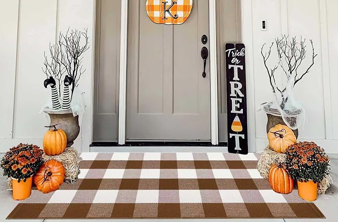 Buffalo Plaid Outdoor Rug 2'x4.3',Fall Coffee Front Porch Rug Door Mats Outdoor Farmhouse Cotton Washable for Hello Welcome Rug Layered Doormat Outdoor Entryway