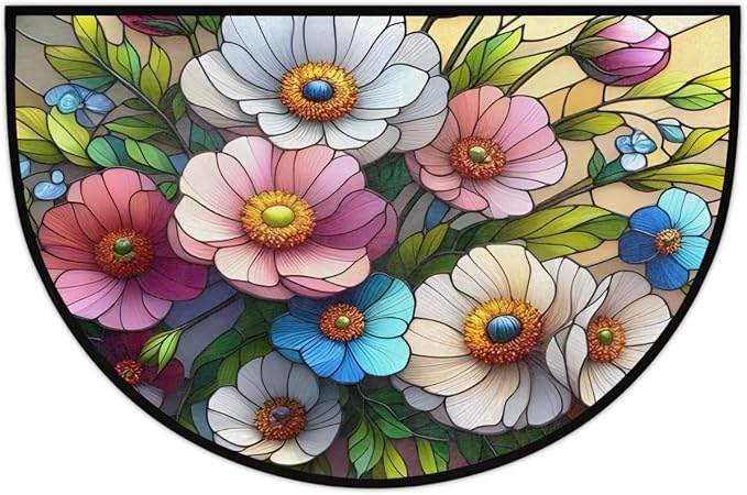 Flower Half Round Doormat Semi Circle Rug Half Moon Rug Entryway Mat | Spring Floral Washable Non Slip Outdoor Floor Rug Kitchen Mat for Indoor Outdoor Bathroom Fireplace Bath Decor