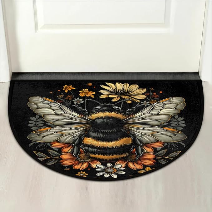 Pardick Half Round Door Mat Cute Bee and Flowers Anti-Slip Semi Circle Rug 24X36 Indoor Door Mat Half Moon Bath Mat, Washable Decorative Floor Mat for Kitchen Bathroom Hearth Fireplace