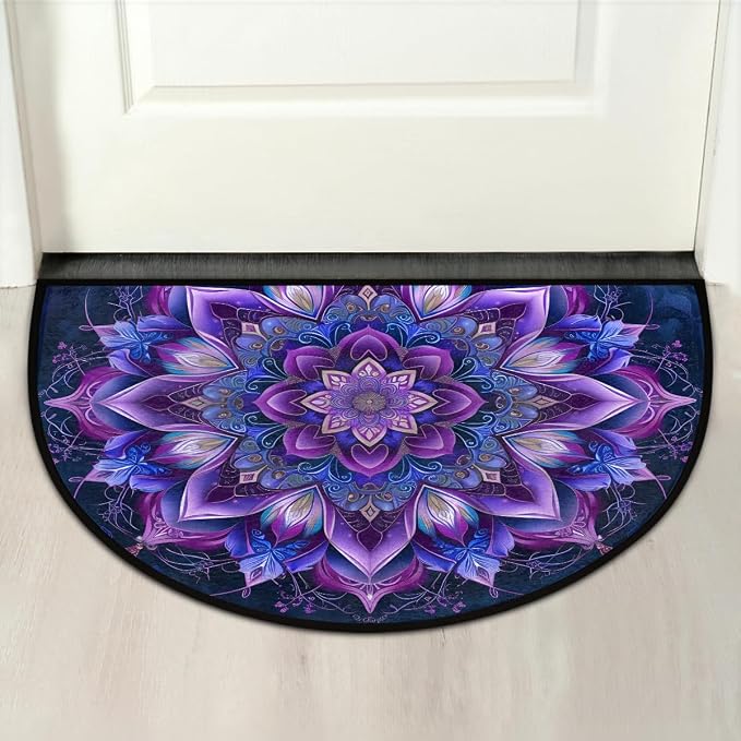 Mandala Half Round Doormat Non-Slip Semi Circle Rug Half Moon Mat | Ethnic Purple Flower Washable Soft Absorbent Indoor Outdoor Entrance Kitchen Bathroom Sink Patio Welcome Fireplace Floor Rug