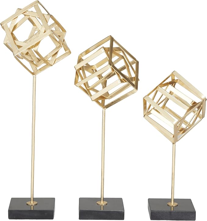 CosmoLiving by Cosmopolitan Marble Geometric Decorative Sculpture Home Decor Statues with Marble Base, Set of 3 Accent Figurines 19", 16", 13"H, Gold