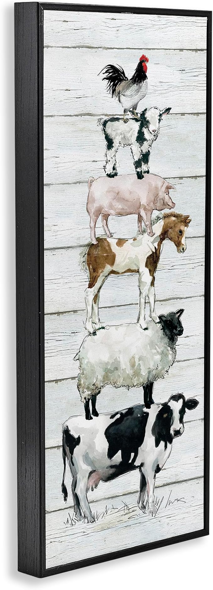 Stupell Industries Country Farm Animal Stack Cow Sheep Pig Rooster, Designed by Carol Robinson Black Framed Wall Art, 10 x 24, Multi-Color