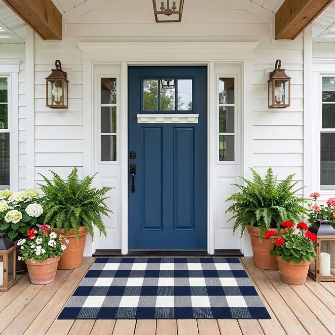 Buffalo Plaid Rug 2'4''x 3'7'' Navy Blue and White Front Door Mat Reversible Layered Porch Rug Washable Hand Woven Cotton Area Rug for Indoor Outdoor Entryway Patio Porch Decor