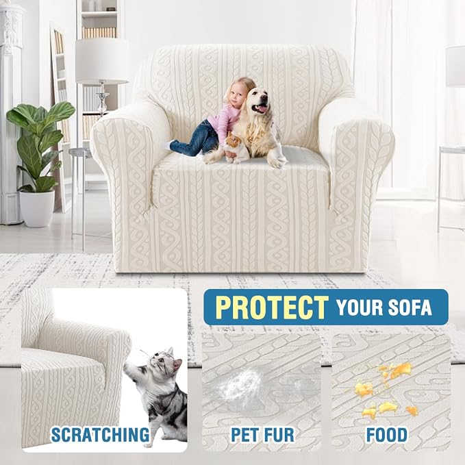 H.VERSAILTEX Chair Covers Slipcover 1 Piece Stretch Sofa Slipcover Anti-Slip Cover for Couch Soft Dogs Slipcovers Washable Upgrade Thick Jacquard Fabric with Spiral Pattern(30"-40", Pale Oak)