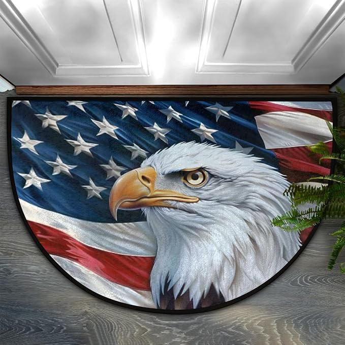Pardick Flag and Eagles Half Round Doormat Semi Circle Rug Non Slip Indoor Outdoor Entrance Half Moon Rug Absorbent Durable Washable Front Floor Mat for Kitchen Bathroom Patio Fireplace