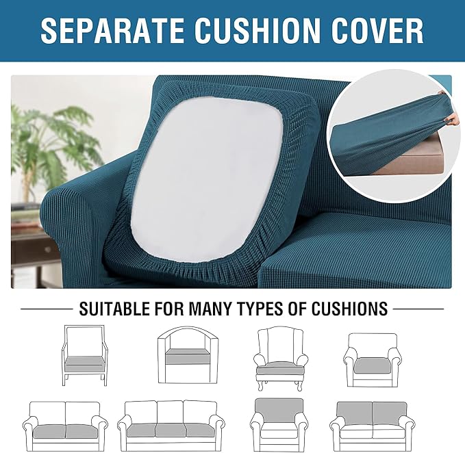 H.VERSAILTEX 4 Piece Stretch Sofa Covers for 3 Cushion Couch Covers for Living Room Furniture Slipcovers (Base Cover Plus 3 Seat Cushion Covers) Upgraded Thicker Jacquard Fabric (XL Sofa, Deep Teal)