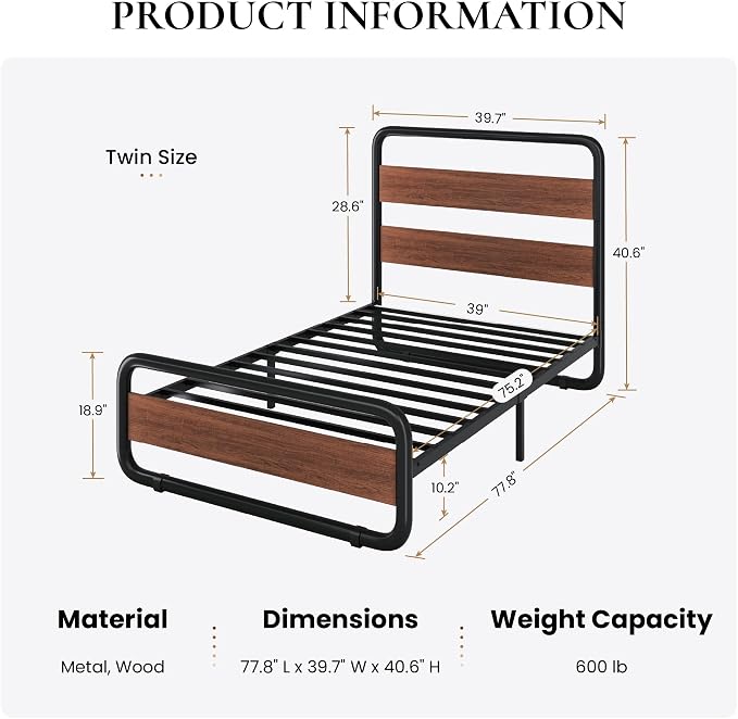 SHA CERLIN Twin Size Metal Bed Frame with Wooden Headboard and Footboard, Heavy Duty Oval-Shaped Platform Bed Frame with 10" Under-Bed Storage, Heavy Duty Slats Support, No Box Spring Needed, Walnut
