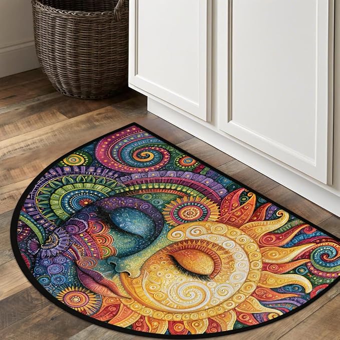 Moon Half Round Door Mat Semi Circle Rug Half Moon Doormat | Soft Washable Mandala Boho Welcome Entrance Mat for Outdoor Indoor Floor Bedroom Bathroom Home Kitchen Festival Decor