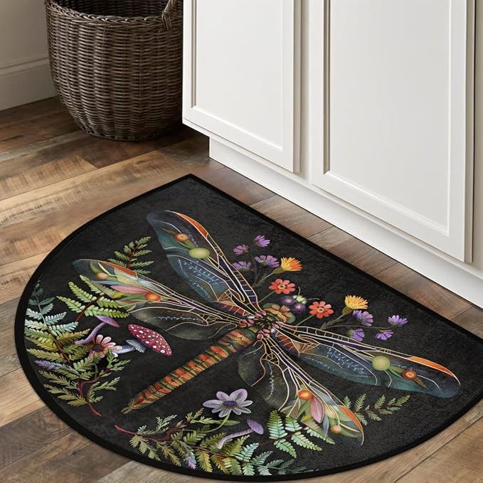 Dragonfly Half Round Door Mat Outdoor Doormat Bedroom Entrance Rug A11 | Dragonfly Flower Floral Semi Moon Door Mat Non-Slip Absorbent Kitchen Rug Indoor Welcome Bath Mat 36" X 24"