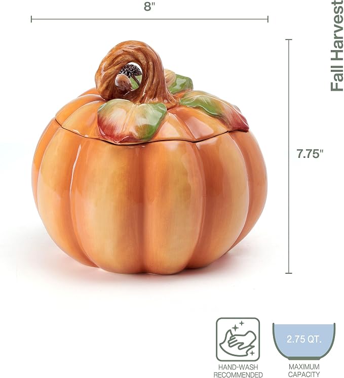 Fitz and Floyd Fall Harvest Pumpkin Cookie Jar Ceramic Figurine, 8 inch