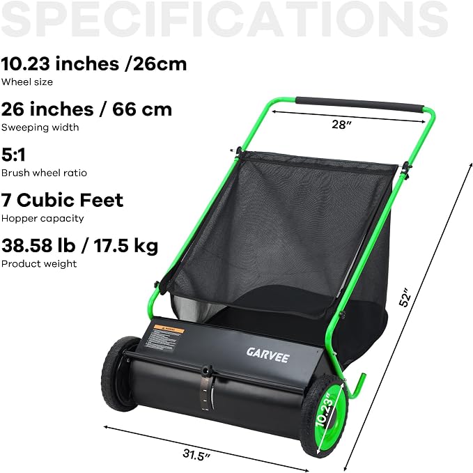 Push Lawn Sweeper, 26 in Leaf & Grass Collector with 7 cu. ft. Hopper Bag, Heavy Duty Yard Sweeper with Clear Dust Cover & Large Collection Bag for Lawn Yard Cleanup