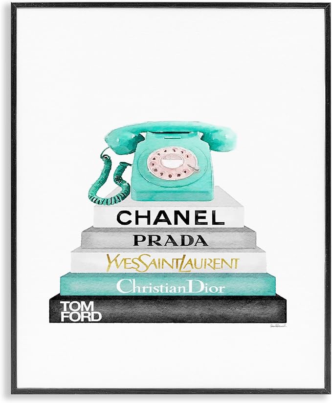 The Stupell Home Decor Grey Black Fashion Bookstack with Teal Phone Framed Giclee Texturized Art, 24 x 30, Multi-Color