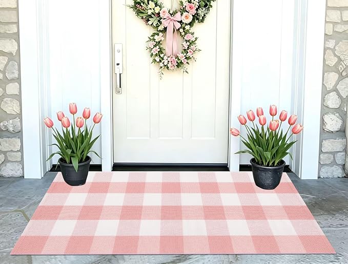 Pink and White Buffalo Outdoor Rug 24''x51''Checkered Plaid Front Porch Rug Cotton Woven Machine Washable Door Mat Outdoor for Layered Doormat Hello Welcome Door Mat Kitchen Farmhouse Entryway