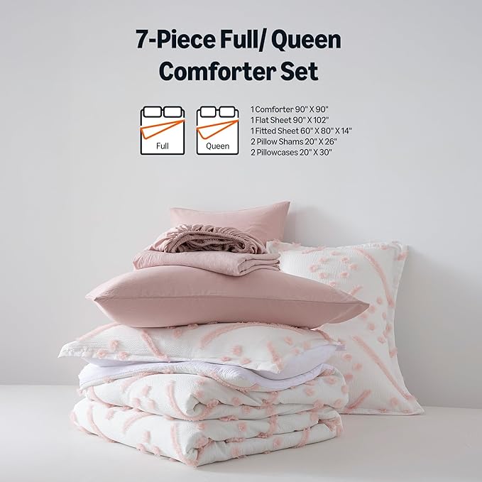 Amazon Basics Kids' Pink Bedding Set, 7-Piece Jacquard Bed-in-a-Bag with Comforter, Fitted Sheet, Flat Sheet, Pillowcases, Pillow Shams, Deep Pocket 16", All-Season, Pink Tufted, Full/Queen